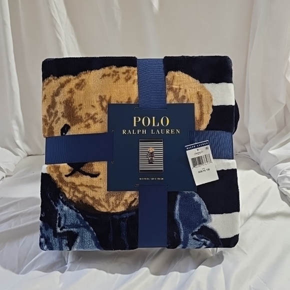 NWT Polo Ralph Lauren Bear Soft Fleece Throw Blanket White Navy Blue Stripes - Picture 1 of 5